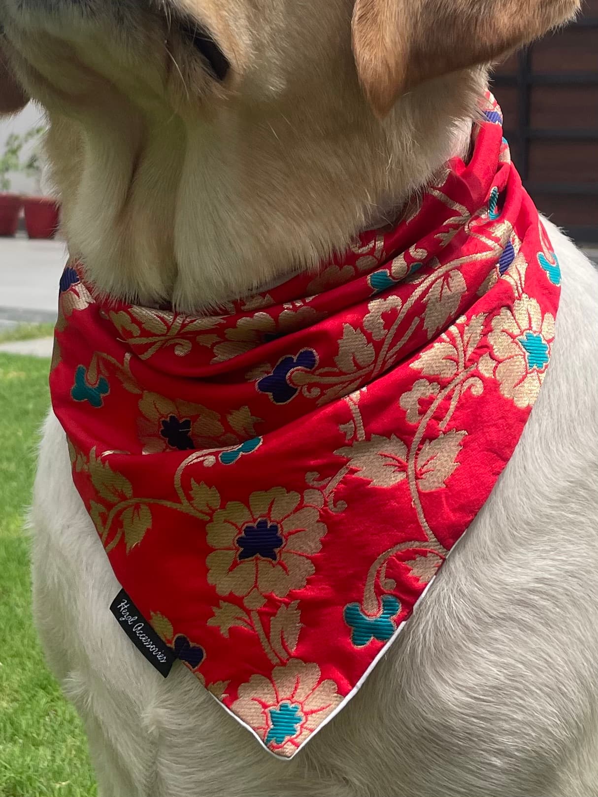 Red brocade silk tie on bandana  image 4